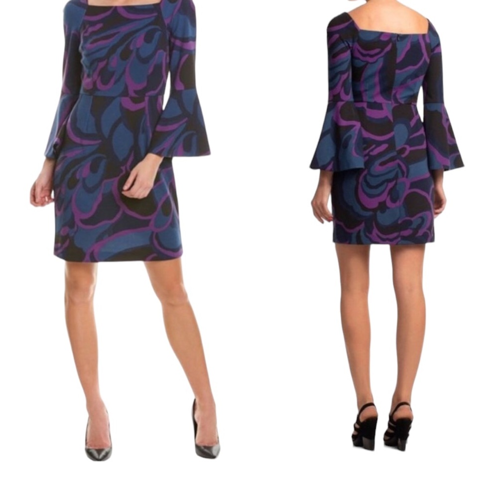 Trina Turk Miley Garden dress size 2 square neckline bell sleeves sheath.